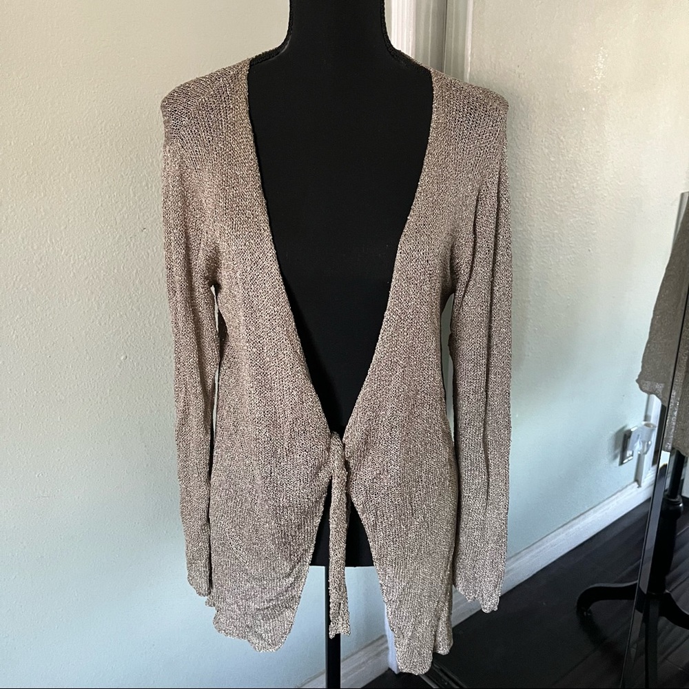 Elyse Walker Ball Of Cotton Taupe Tie Front Long Sleeve Cardigan Size Medium